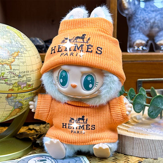 Labubu Doll Outfit 6.7'' | Hermès Orange Knit Sweater & Knit Hat Set – Luxurious Designer Clothes – Fits Labubu Gen 1/2/3