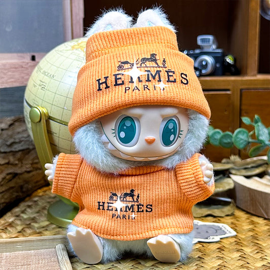 Labubu Doll Outfit 6.7'' | Hermès Orange Knit Sweater & Knit Hat Set – Luxurious Designer Clothes – Fits Labubu Gen 1/2/3